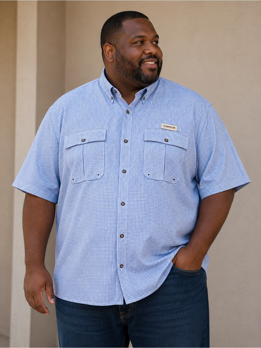 Magellan Outdoors Light Blue Check Short-Sleeve Button-Down Shirt
